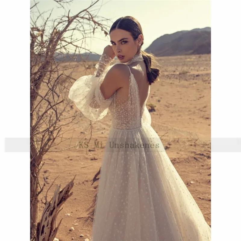 Sexy Rustieke Trouwjurken Met Puff Lange Mouwen Bruid Jurk Vrouwen Split Side Dots Tulle Boho Bruidsjurken 2021 Boda