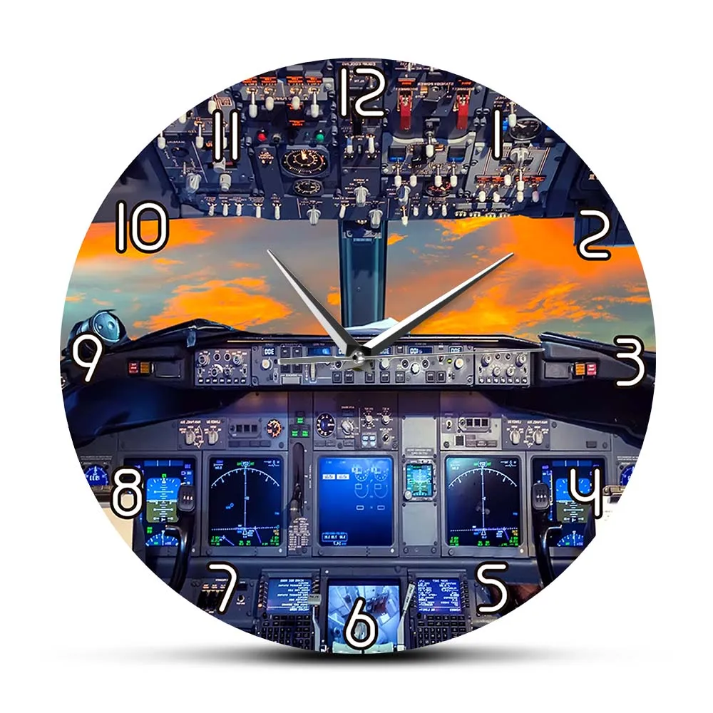 

Airplane Cockpit Modern Design Wall Clock Sunset View Home Decor Clock Pilot Flight Deck Display Decorative Printed Wall Watch