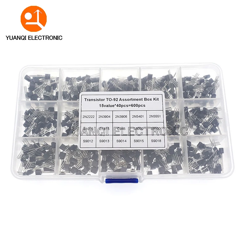 

600Pcs 15 Value x 40 Pcs Transistor TO-92 Assortment Box Kit Transistors 2N2222 2N3904 2N3906 C945 S8050 S8550 S9014 S9013 9018