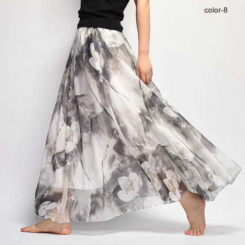 Women Fashion Florals Print Long Skirt Female Boho Style Elastic High Waist Chiffon Casual Beach Skirts Saias 19 Color Summer