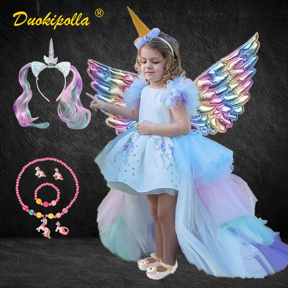 Kids Rainbow Unicorn Dress with Long Tails Angel Wings Party Dress for Girl Princess Costume Lol Ball Gown Baby Girls Pony Dress