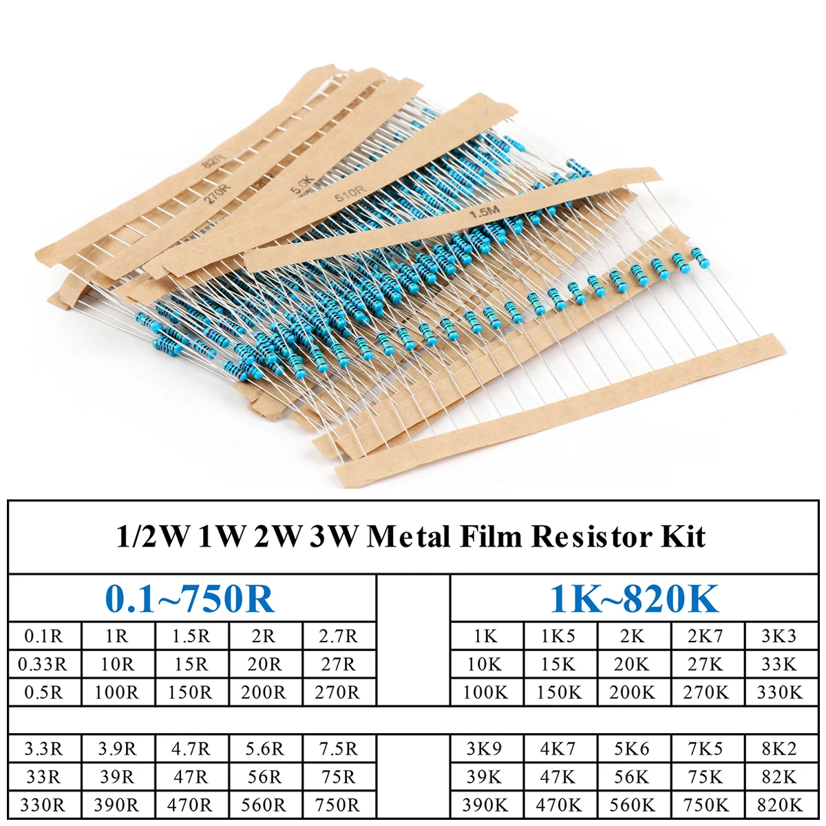 1/2W 1/4W 1W 2W 3W 30Value Metal Film Resistor Kit Rang Carbon 5% Resistors Assortment Kit Set 0.1~750R 1K~820K