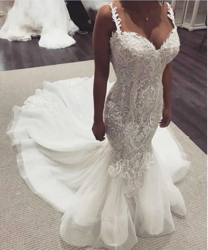 

Customized 2025 Sexy African Mermaid Long Wedding Dress Sweetheart Applique Straps Lace Beaded Bridal Gowns Vestidos De Mariage