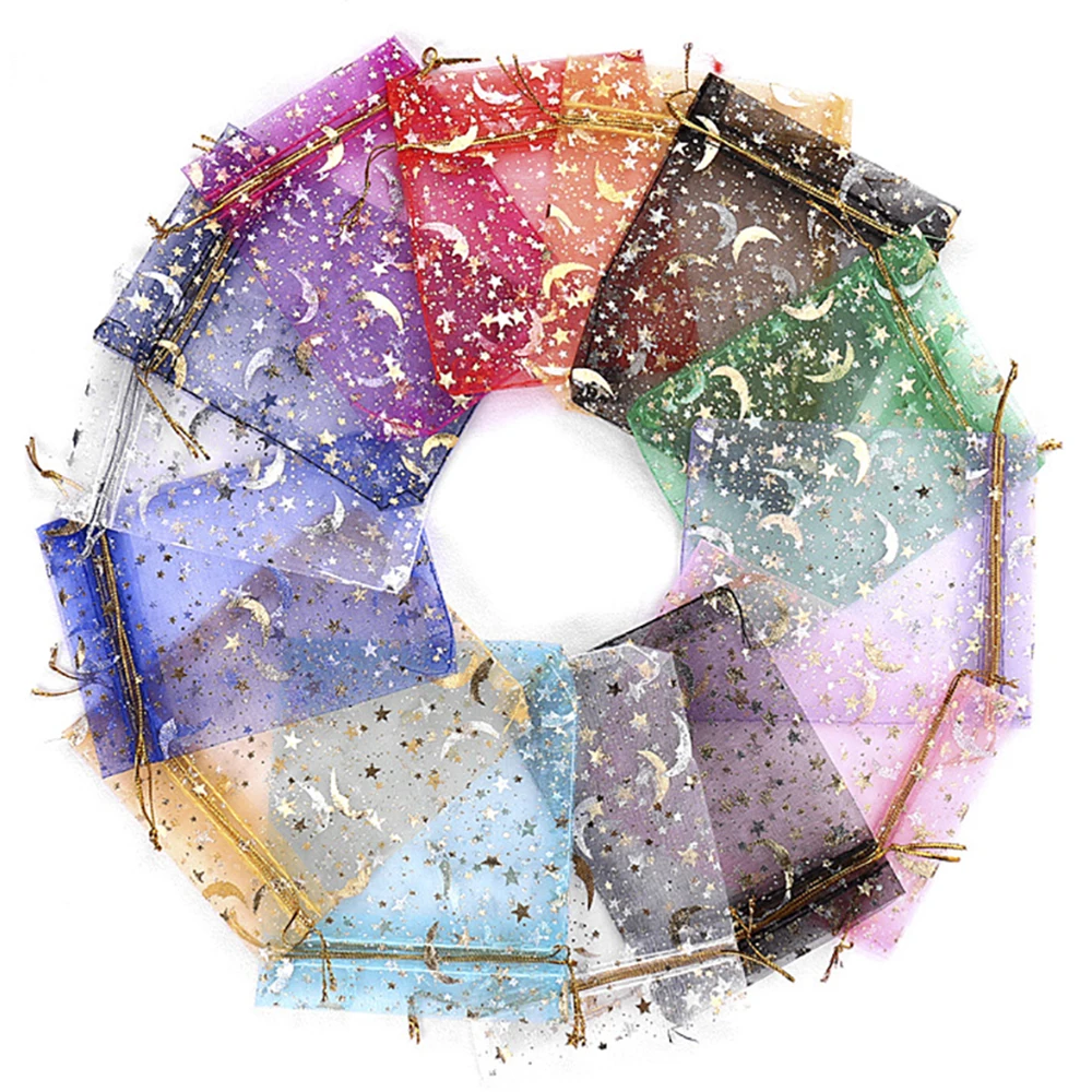 50pcs/lot Drawstring Pouch Bags for Jewelry Organza Pouch Gold Color Moon Star Transparent Mesh Wedding Gifts Package Wholesale