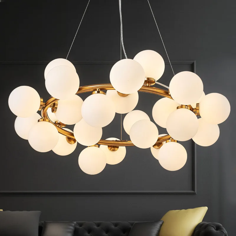 

Nordic Living Room LED Hanging Lights Modern Creative American Chandelier Glass Ball Restaurant Iron Pendant Lamp MJ1114