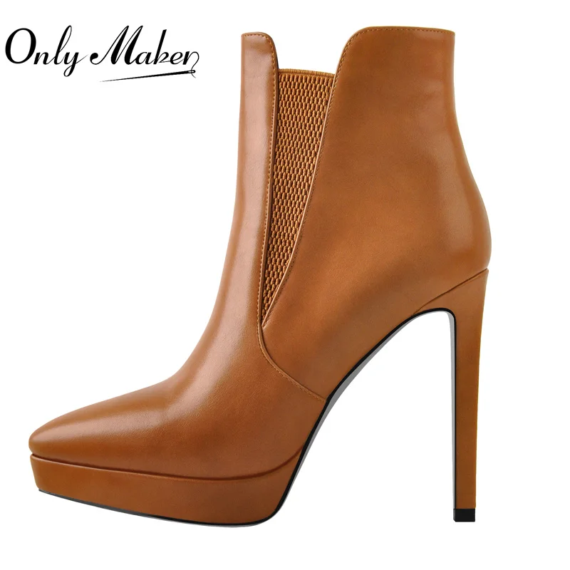 Onlymaker Spring Brown PU Ankle Boots Pointed Toe Low Platform Thin High Heels Concise Mature Fashion Daily Booties