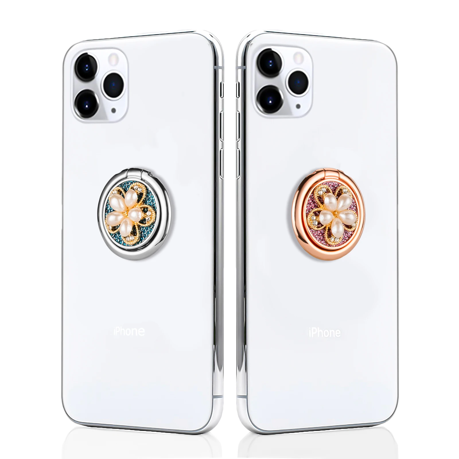الموضة الفاخرة العالمي بريق اللؤلؤ مرصع بالجواهر زهرة المعادن البنصر الهاتف المحمول قبضة مستديرة حامل حامل آيفون سامسونج