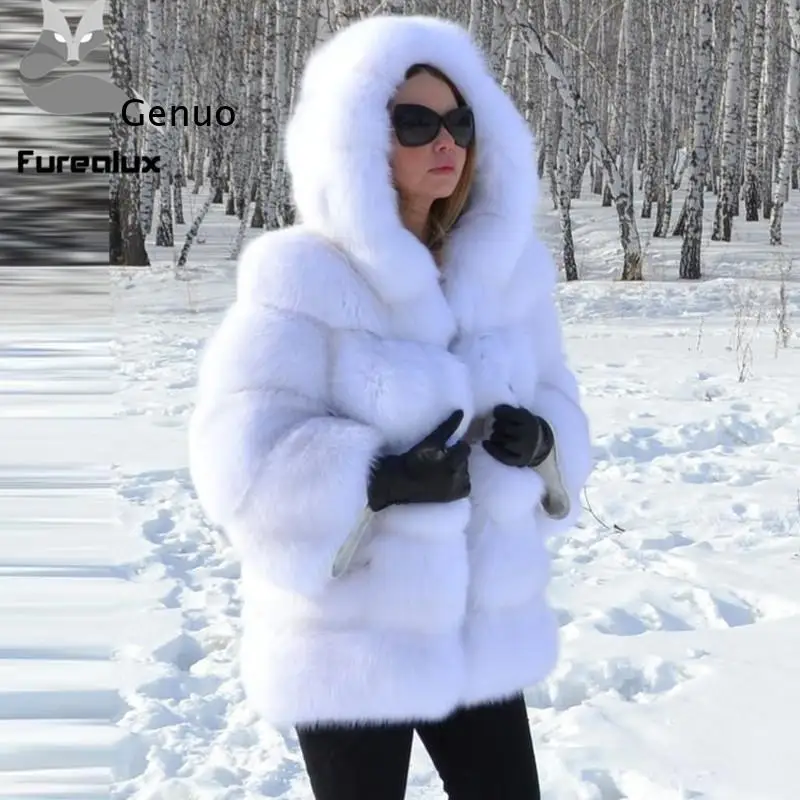 

Winter Warm Faux Fox Fur Overcoat Women Luxury Long Fur Coat with Hood Elegant High Quality Thicken Fluffy Jacket