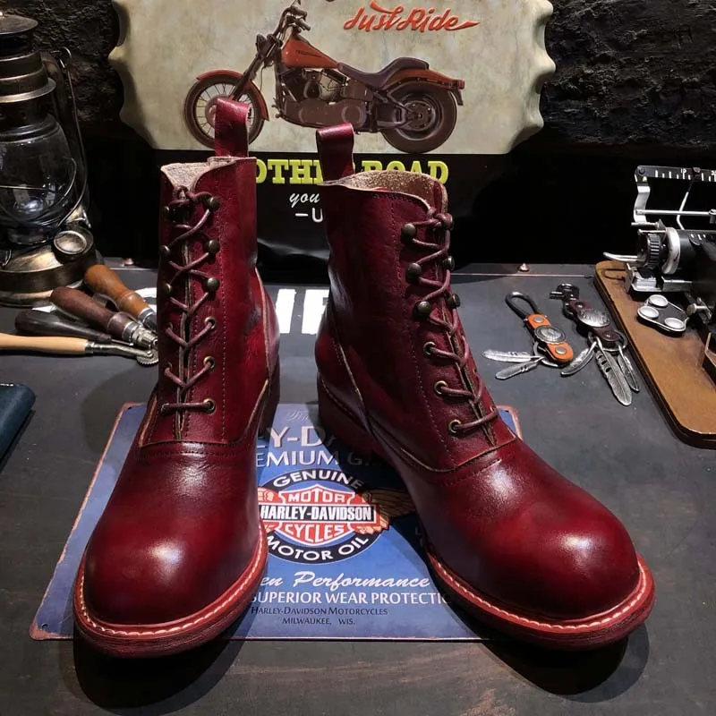 Genuine Leather Handmade Motorcycle Short Boots Mens Red Wine Lace Up Round Toe Vintage High Top Shoes Autumn Equestrian Boots