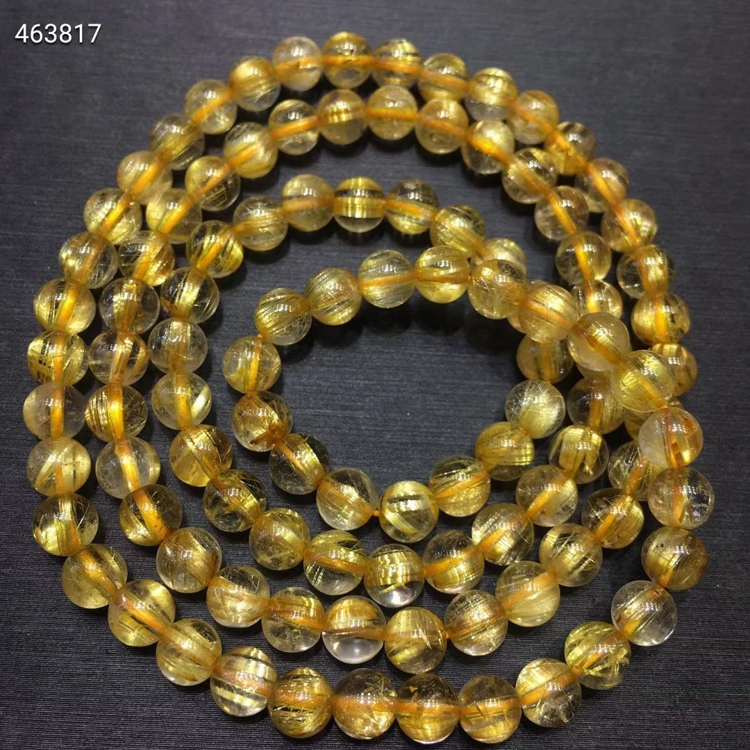 Natural Gold Rutilated Quartz 3 Laps Bracelet Necklace 6mm Crystal Woman Men Clear Round Beads Rutilated Jewelry Brazil AAAAA