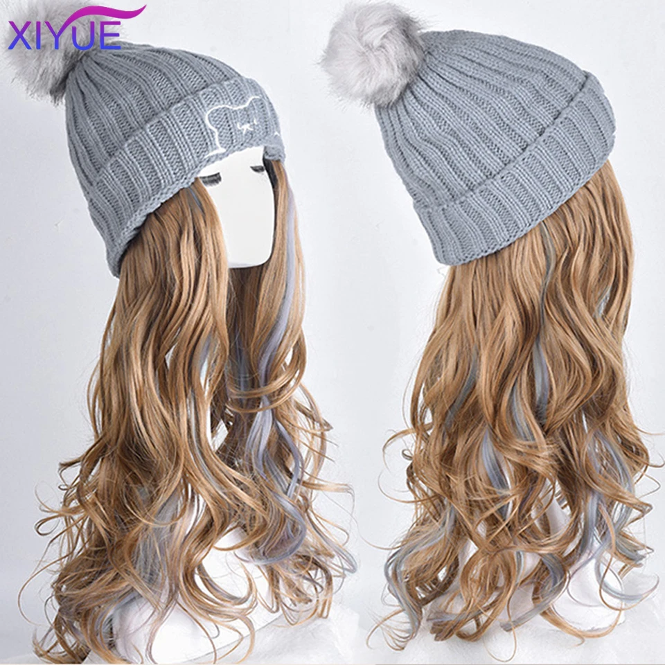 XIYUE 22 inches Long Wavy Hat Wigs Synthetic white Knitted Hat Fashion Autumn Winter Cap Hair Wig Hair Extensions