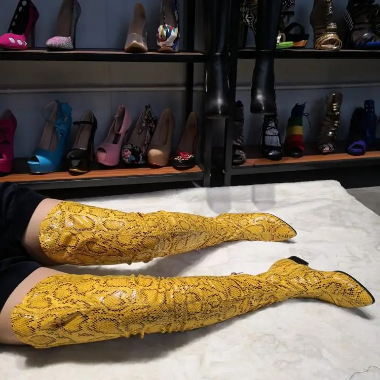 Bright Yellow Snakeskin Leather Flat Long Boots Fashion Python Pointed toe Over the Knee Thigh High Boots