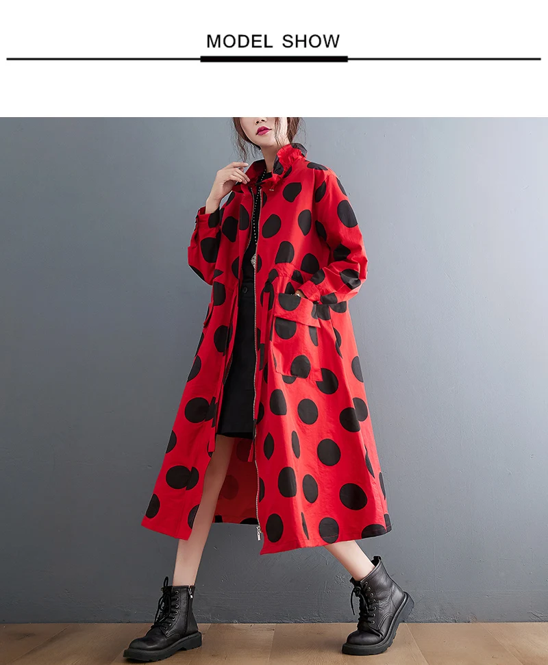 2026 Autumn Winter Oversized Polka Dot Long Trench Coat For Women Clothes Stand Collar Drawstring Fashion Casual Loose Outerwear