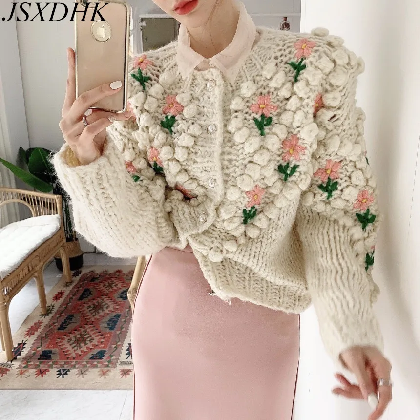 JSXDHK Luxury Quality Women Ball Handmade Knitting Cardigan Coat Fall Winter Pearl Button 3D Floral Thick Warm Sweater Outerwear