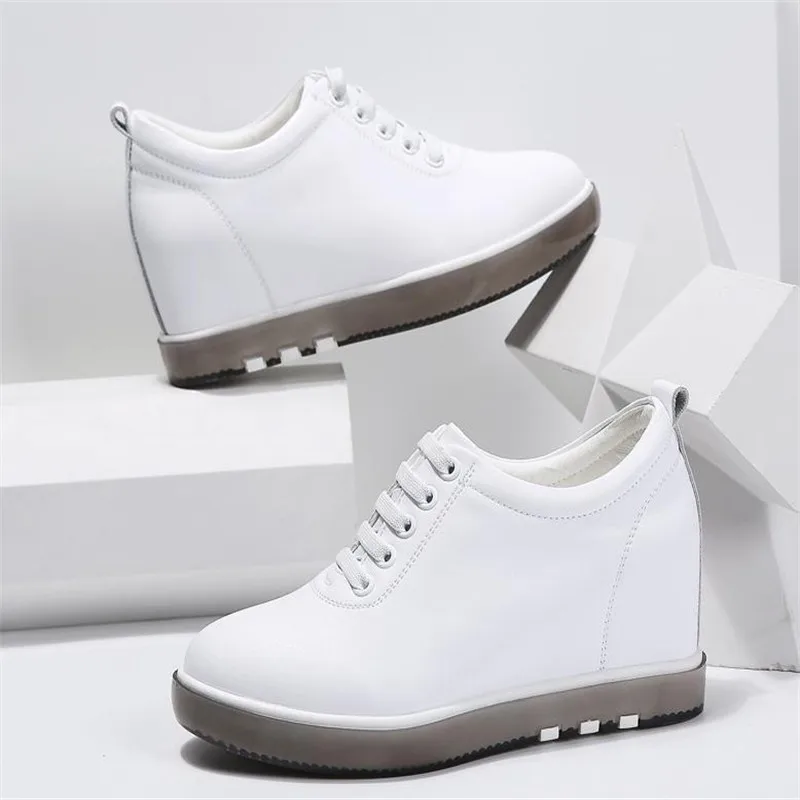 Hide Heel Genuine Leather Shoes Women Fashion Sneakers New Lace Up Height Increasing Casual Shoes White Sneakers