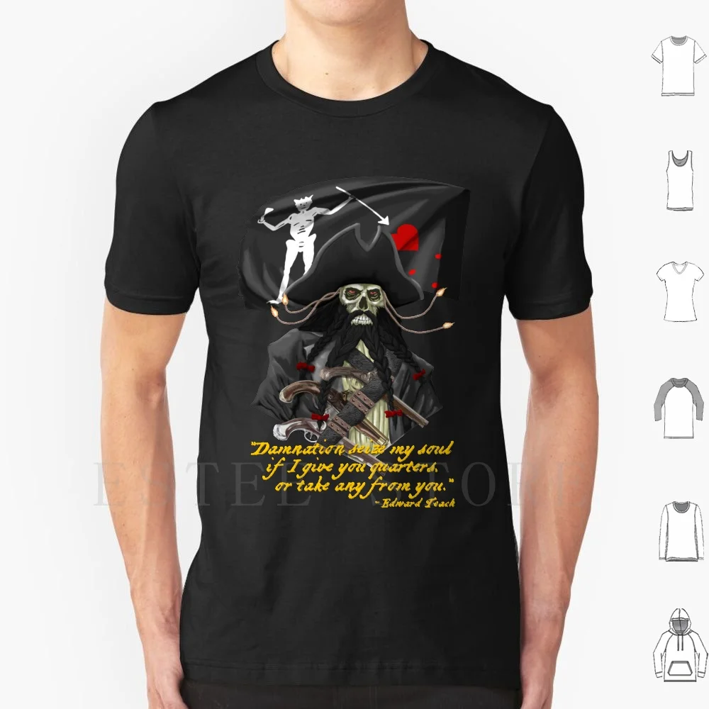 Camiseta No Quarter DIY de gran tamaño, 100% algodón, con diseño de barba negra, bandera pirata, pistolas, cuarto de quarto, rojo, maldición, Edward Teach