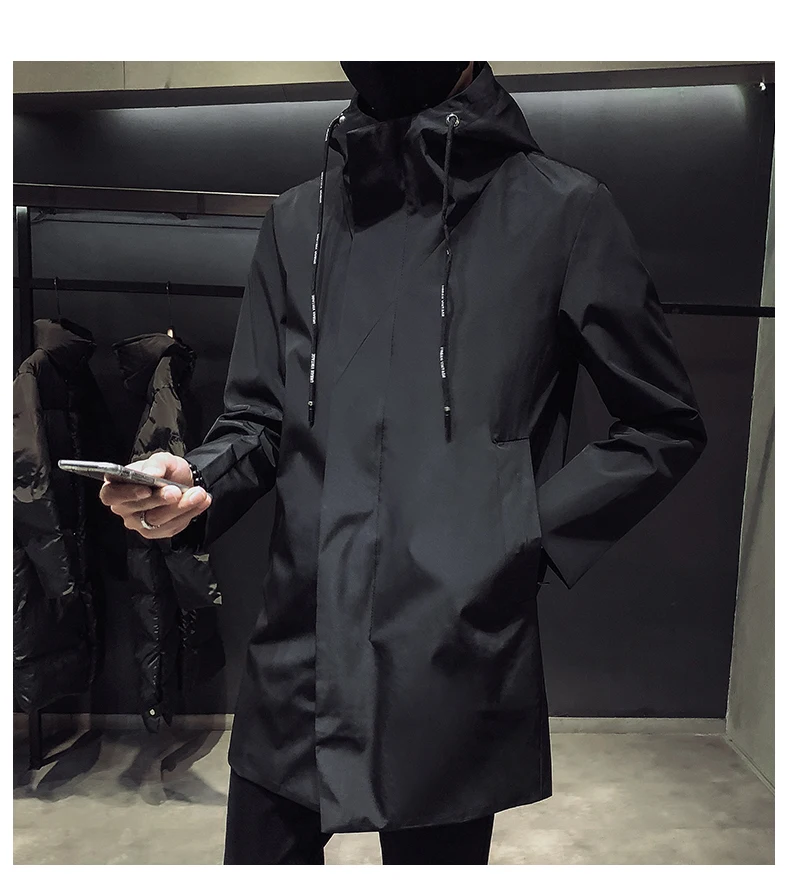 New Men\'s Black Trench Coat Hooded Windbreaker Coats M-4XL Casual Male Clothing Windproof Outwear