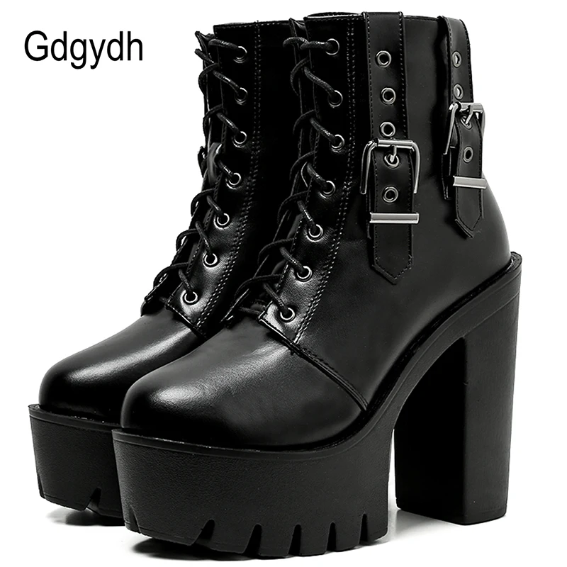 Gdgydh Goth Heeled Boots for Women Nightclub High Platform Heels Shoes Belt Buckle Korean Short Boots with Zipper