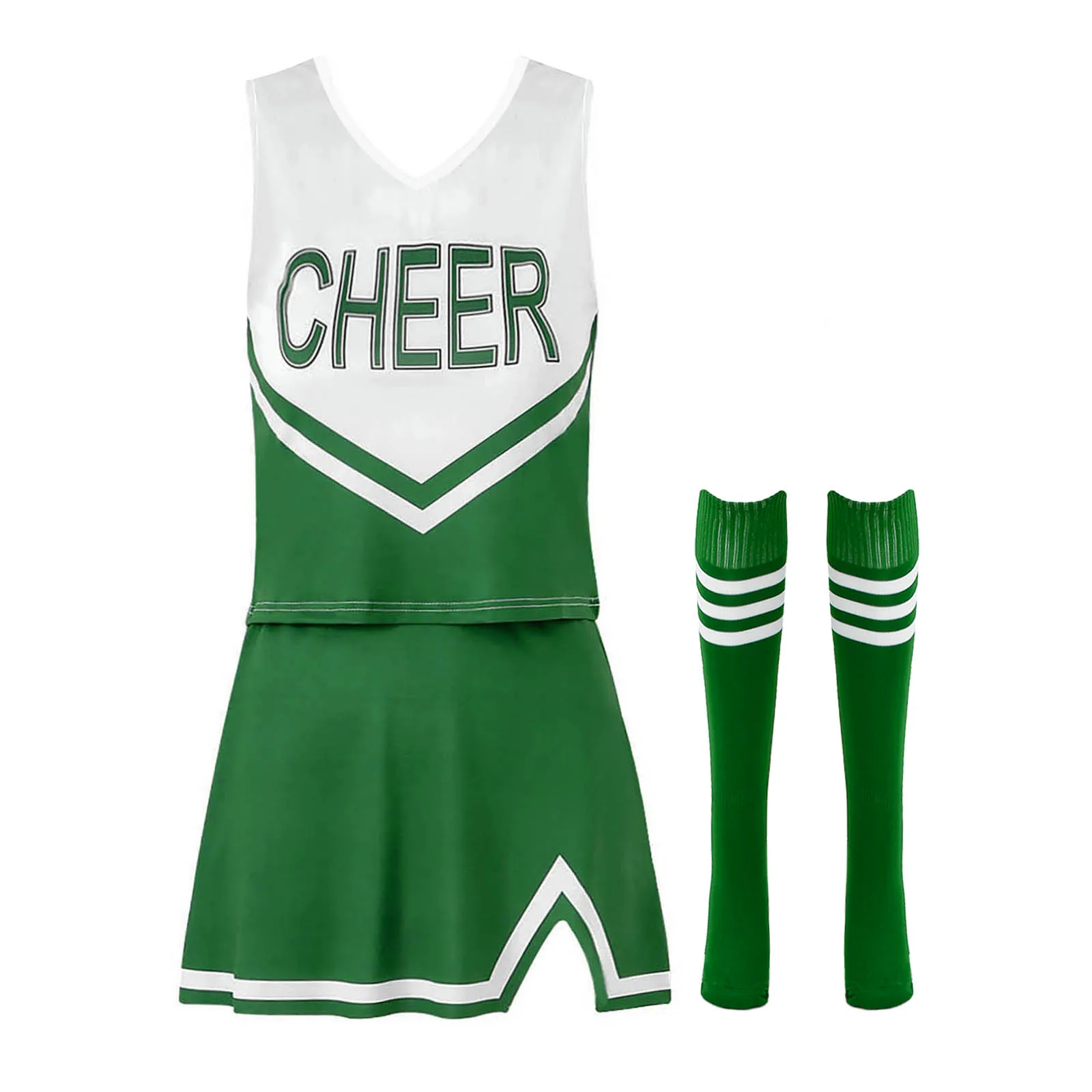 

Girls Cheerleading Outfit Performance Costume Letter Printing V Neck Sleeveless Tank Top Mini Skirt with Socks Set for Women