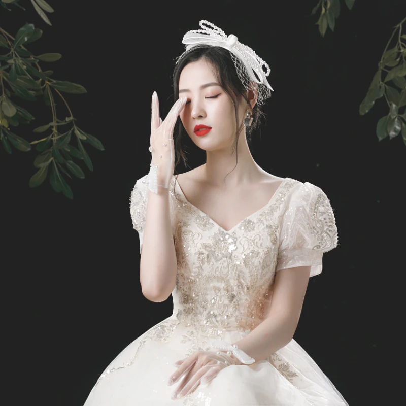 Dài Đầm Cô Dâu Tay Trắng Đen Fingerless Form Đầm Suông Phồng Còng Cưới Phụ Kiện Mariage Gant Mariage Femme