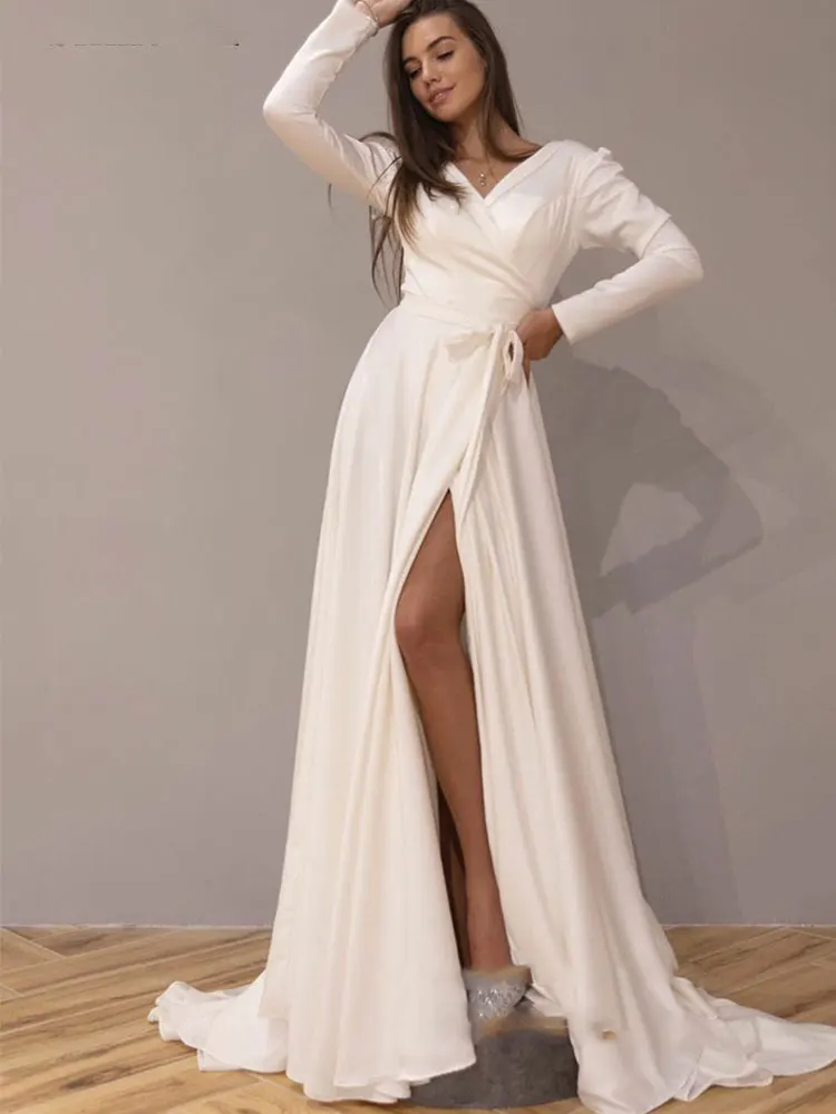 Mermaid Wedding Dresses Soft Satin A Line V Neck Bride Dresses Long Sleeve Boho Bridal Gowns 2022 Robe De Mariee Civil Courntry