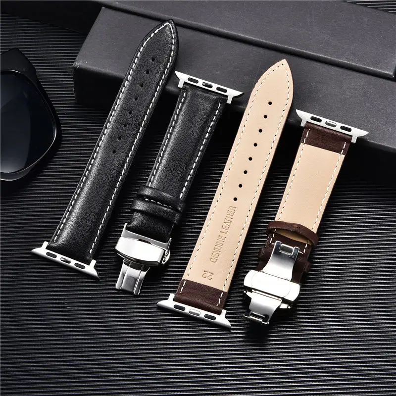 Leder-Uhrenarmbänder für Apple Watch 8, 7, 6, 5, 4, 3, SE, Schmetterlingsverschluss, Ersatz-Armband, 38/40/41 mm, 42/44/45 mm, Band für iwatch – Detail 13
