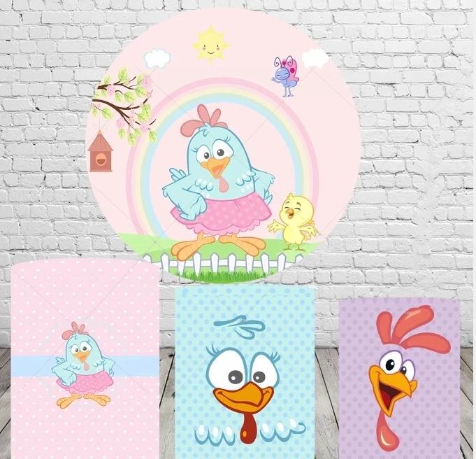 Spring Farm Hen Chicken Rainbow Girls Birthday Party Baby Shower Photo Background Circle Round Backdrop Covers Cake Table Decor