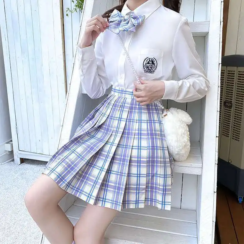 Women JK Uniform Summer Set Pleated Plaid Skirt And Shirt High Waist Korean Harajuku Japanese Cute Sexy Mini A-line Skirts Suit