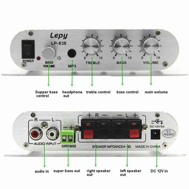 Lepy LP-838BT Bluetooth 5.0 Power Amplifier 2.1 3 Channel Super Bass Audio Sound Amplificador With 12V3A Power And AUX Cable