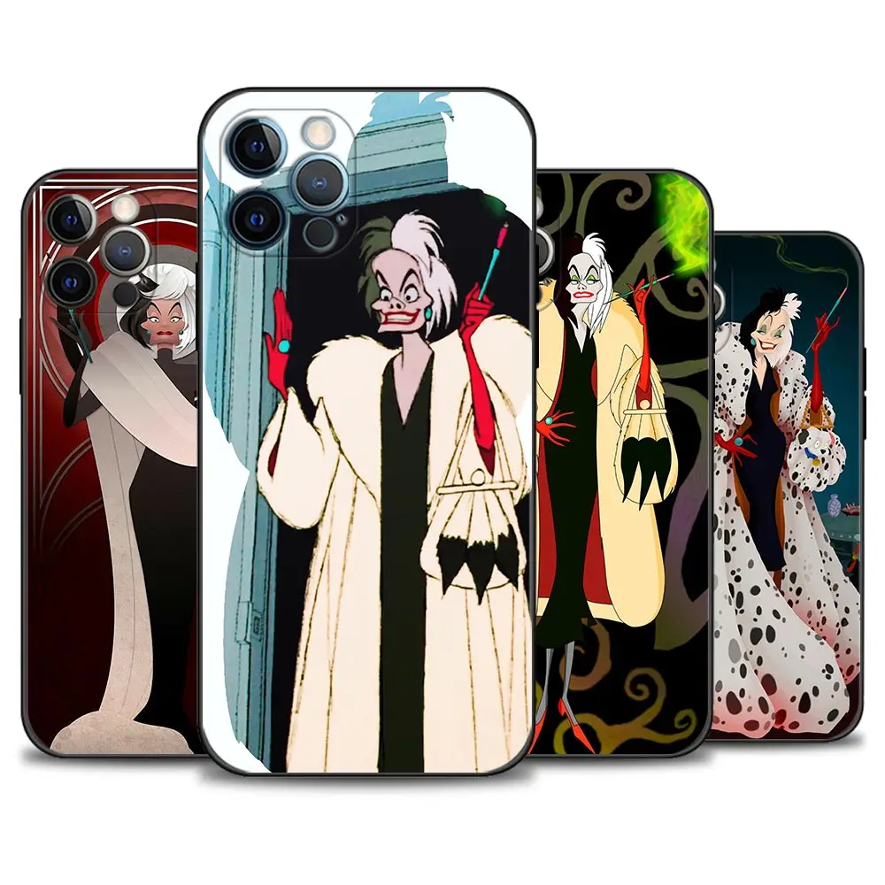 Чехол для телефона для iPhone 15 14 12 11 Pro Max XR XS X 7 8 Plus, черный силиконовый чехол из ТПУ, чехол, чехол, Мультяшные Чехлы, Cruella