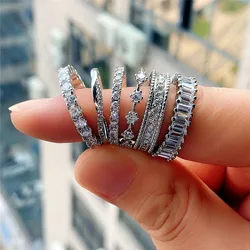 Huitan Luxury Silver Color Band Finger Rings for Women Inlay Dazzling CZ Engagement Wedding Accessories Trendy Jewelry Wholesale