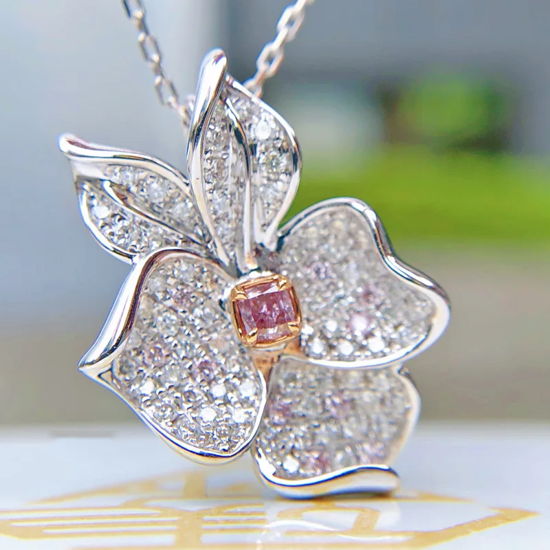 Foydjew Color Treasure Jewelry Micro-inlaid Full Zircon Argyle Pink Princess Square Zircon Flower Pendant Necklaces