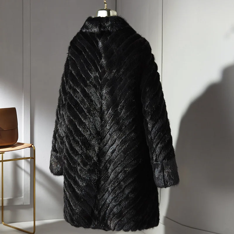 Vrouwen Jas Echte Mink Fur Jassen Lange Mouwen Winter Grote Warme Echt Bont Vrouwen Lange Zwarte Kleren Luxe Nertsen kraag Jas