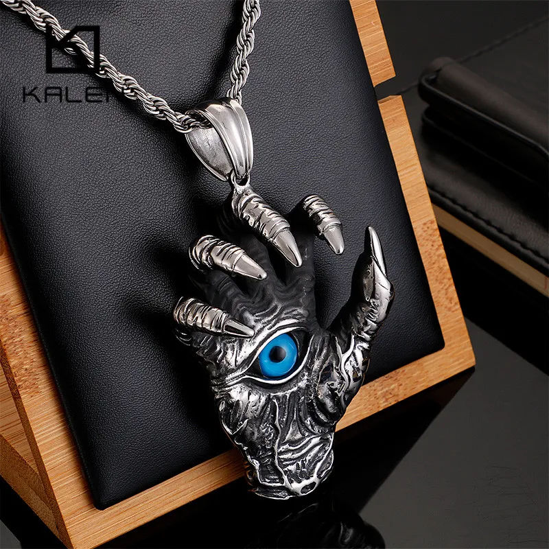 Kalen Giant Ghost Claw Pendant Necklace For Men Choker Stainless Steel Skull Hand Gothic Jewelry Halloween Accessories Gift
