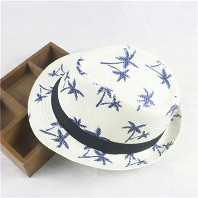 Adult / Child Linen Woven Jazz Straw Hat Men Women Coconut Tree Pattern Sun Hat Summer Beach Travel Sunscreen Ribbon Hat U27