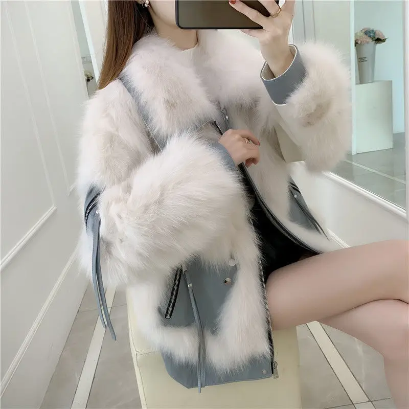 

Autumn Winter Fur Coat Women New Korean Imitation Fur Pu Leather Splicing Thicken Plush Fashion Furry Top Woman Thin Slim Jacket