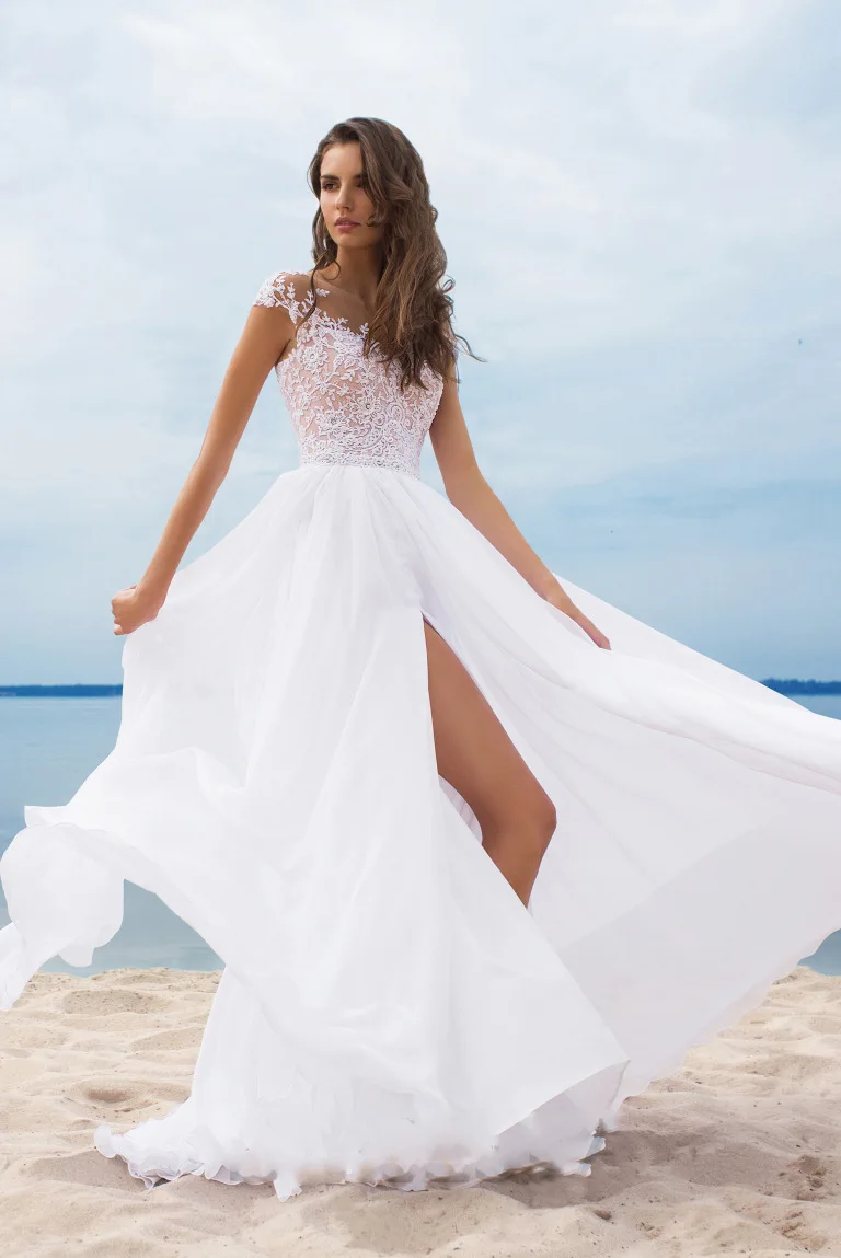 Abito da sposa lungo Boho a-line senza schienale corpetto trasparente abiti da sposa principessa lunghezza del pavimento abiti da sposa Sexy Chiffon diviso