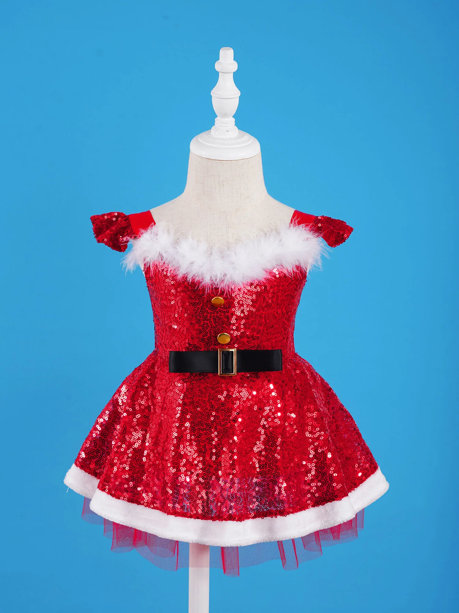 Baby Girls Christmas Princess Dress with Hat Set Red Sequins Faux Fur Adorned Tutu Dress Toddler Kids Baby Girl Xmas Clothing