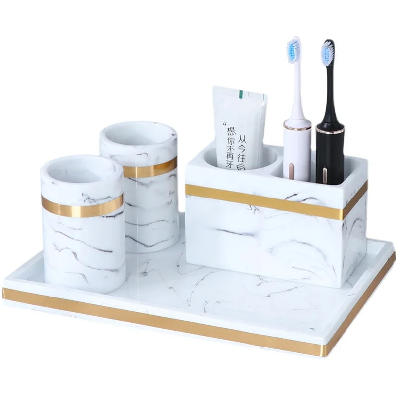 Resin Bathroom Set Liquid Soap Dispenser/Dish Toothbrush Holder Gargle Cup Tray Cotton Swab/Tissue Box Sell Separately Nordic