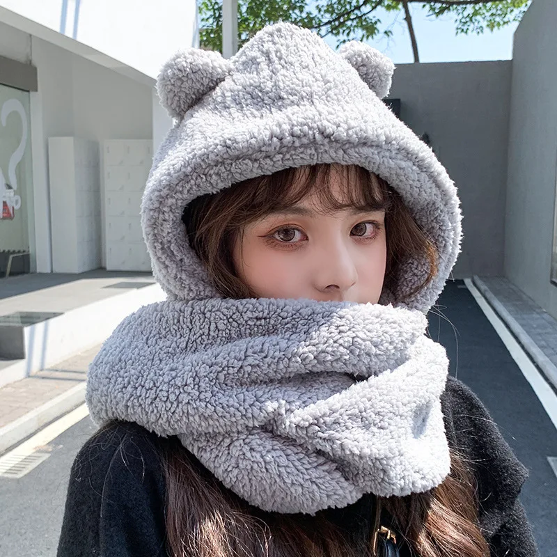 Lamb Wool Winter Beanie Hats For Women Girls Scarf Gloves One Piece Warm And Cold Ear Protection Cotton Cap Female Cute Bear Hat