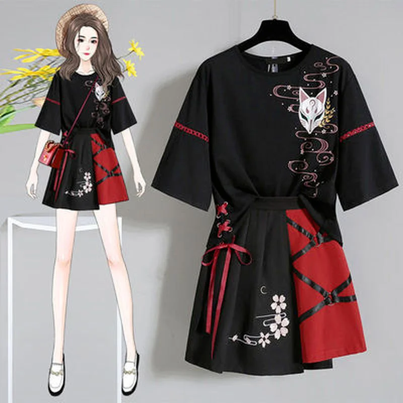 Anime Japanese Red Ribbon Girl Lolita T-shirt Short Skirt Set Adult Fox Hanfu Dress Halloween Cosplay Costume