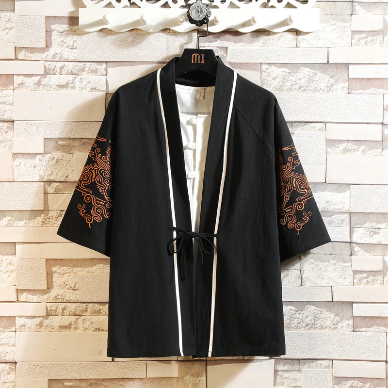 Men's Linen Kimono Japanese Style Loose Long Cardigan Outerwear Vintage Coats Male Jackets Casual Overcoats embroidery hanfu