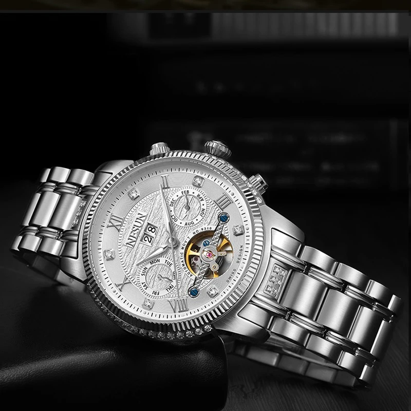 NESUN Luxury Switzerland Brand Men's Automatic Mechanical Watches Skeleton Sapphire Waterproof Rhinestone Multi-function N9310