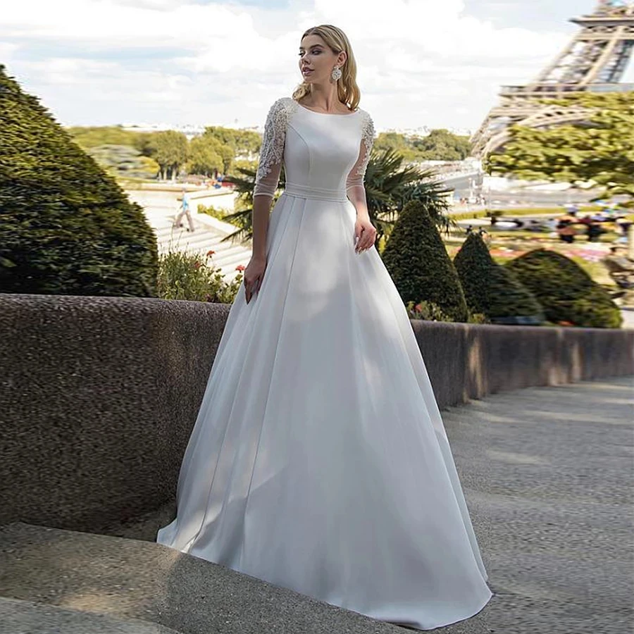 Vestido de novia con cuello redondo, manga 3/4, perlas, línea A, con cordones, cristales de alta calidad, para novia con encaje