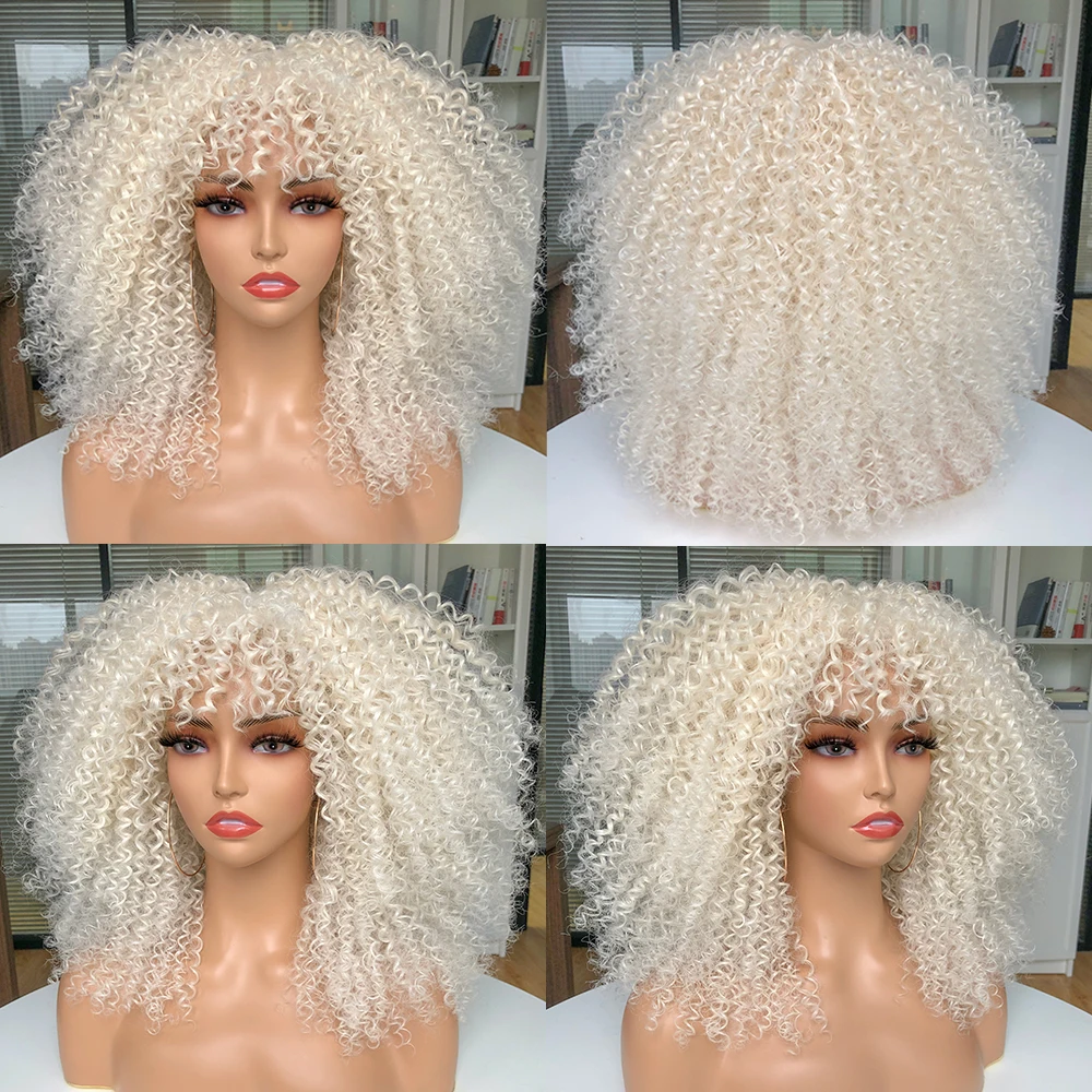 Short Afro Kinky Curly Wigs With Bangs For Black Women 16\'\' Synthetic African Blonde Cosplay Wigs Natural White Green