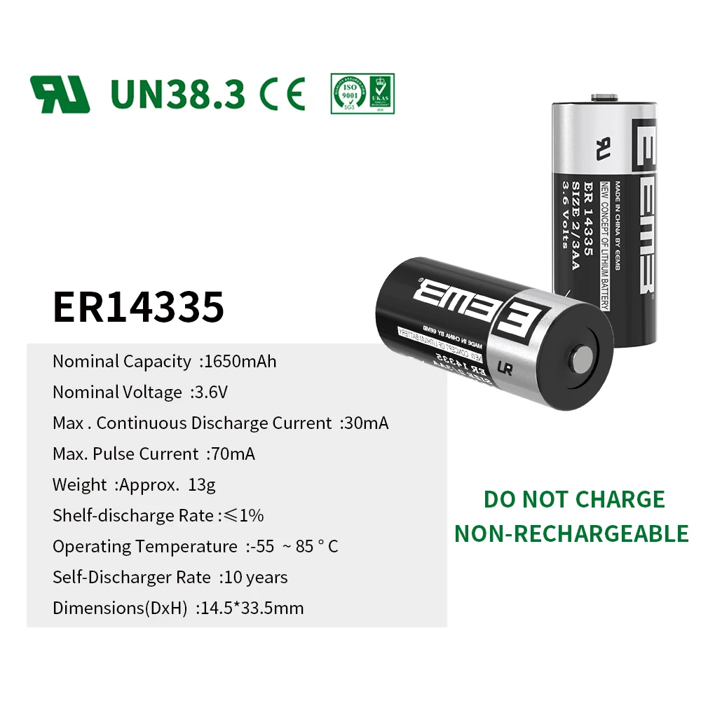 EEMB ER14335 Lithium Battery 3.6V 2/3AA Battery 1650mAh Cell Batteries for GPS Water/Gas Meter