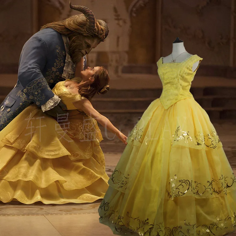 Top Quality New Moive Beauty And The Beast Belle Princess Yellow  Cosplay Costume Dress For Adults Women Girls Custom Made