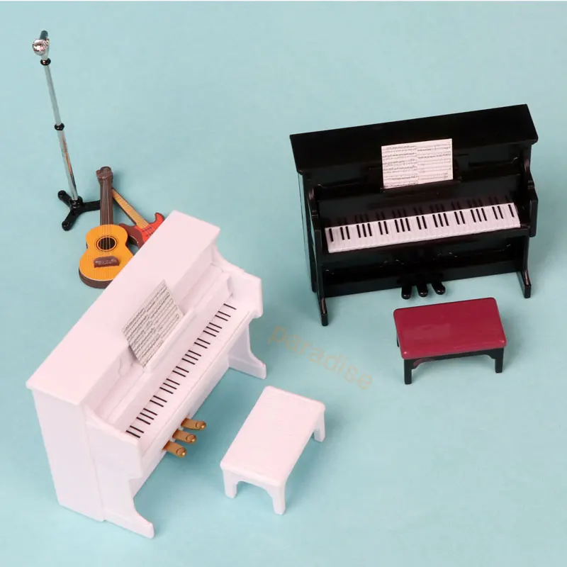 1SET Mini Plastic Piano with Stool Musical Instrument Model for 1/12 Miniature Dollhouse Decor Accessories Toys Children Gift