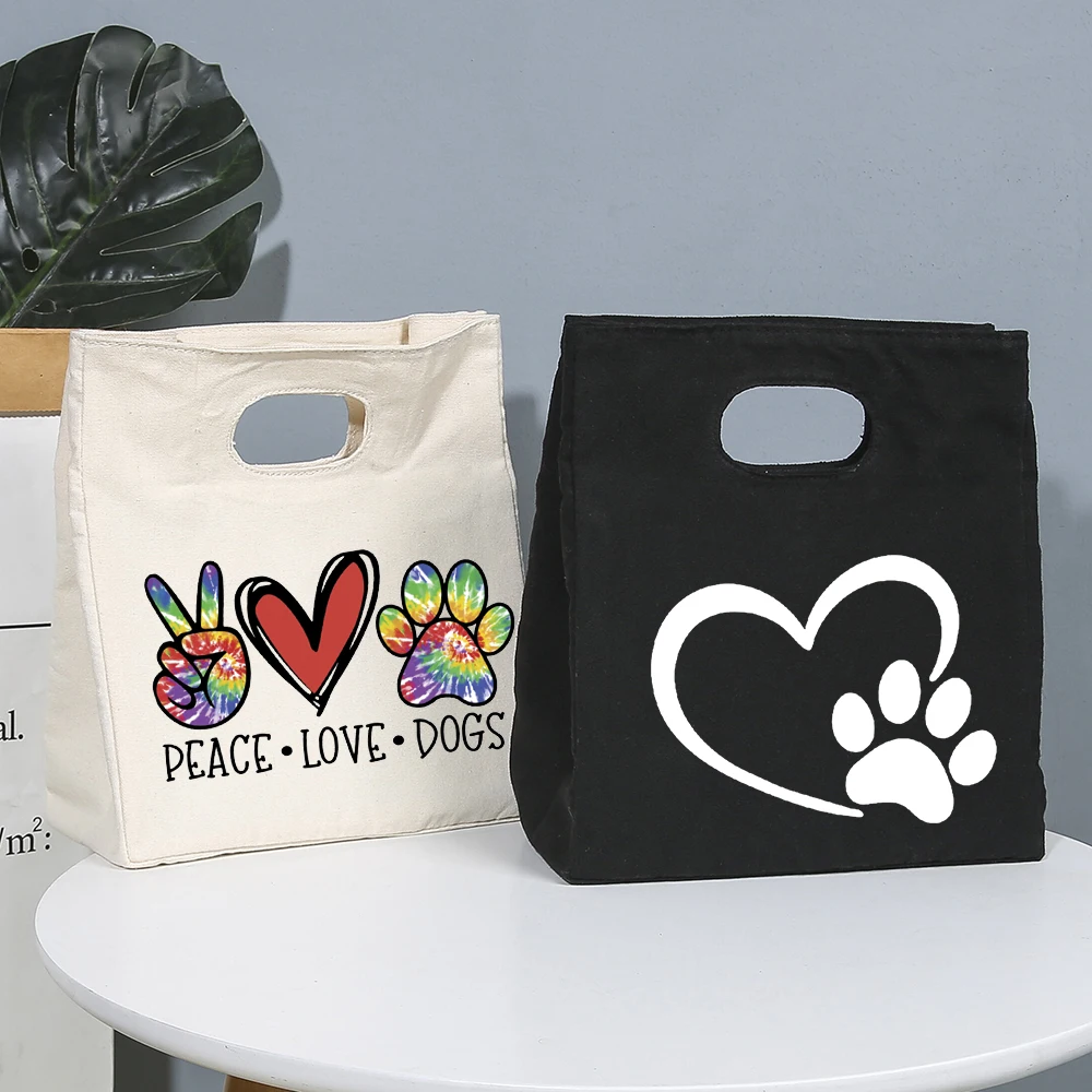 Peace Love Dog Will Never Walk Alone Canvas Lunch Bag Thermal Insulated Portable Cooler Bags School Food Storage Picnic Pouch