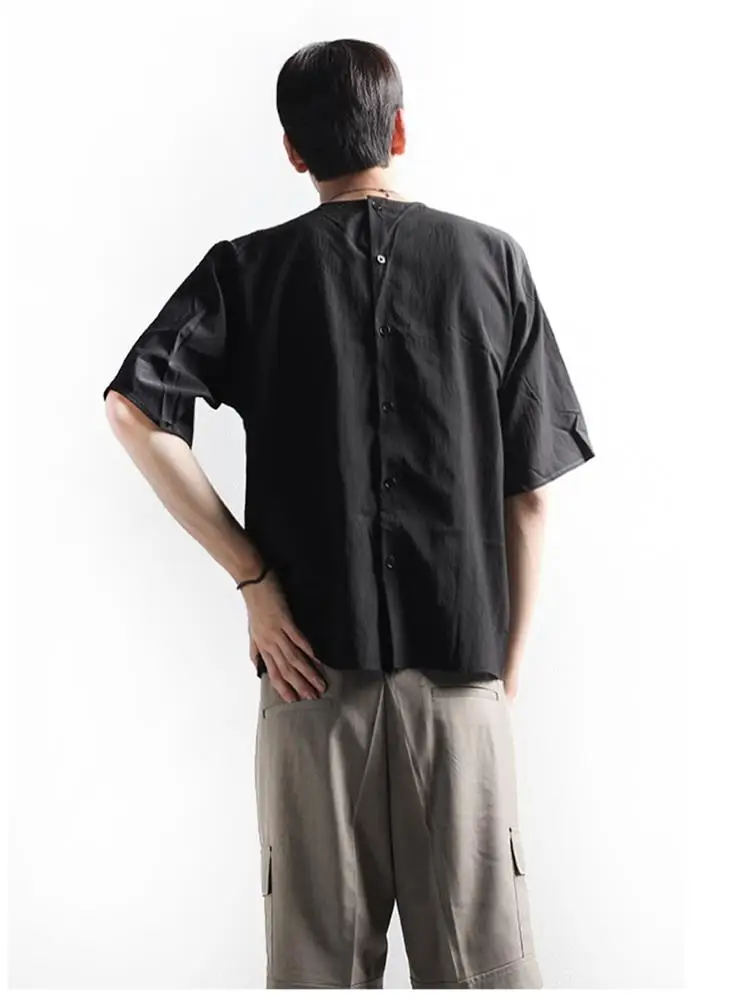 

Men's Short Sleeve T-Shirt Summer New Single Breasted Back Design Hair Stylist Casual Loose Large Size Half Sleeve Top